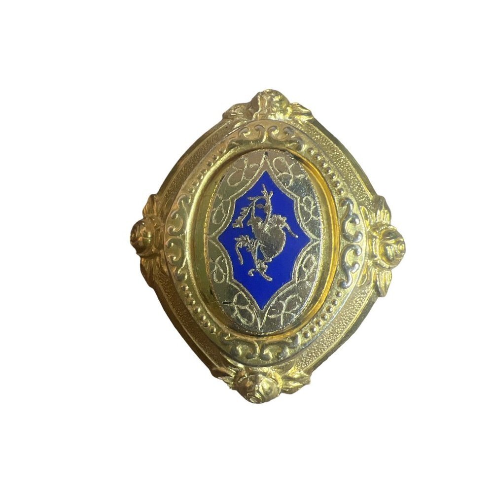 Coro Vintage Gold Tone Intricate Blue Enamel Crest Pin Brooch Signed
